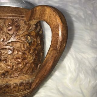 Antique Vintage Hand Carved Ornate Wood Wooden Beer Stein Mug Metal Lined 3