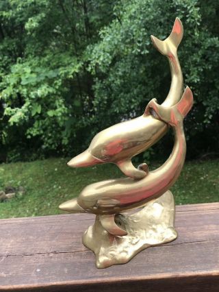 Brass Dolphins Sculpture Figurine Two Dolphins Swimming 11”x9”