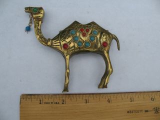 Camel Brass Figurine 3.  5 " Faux Gem Stone Beads Vintage