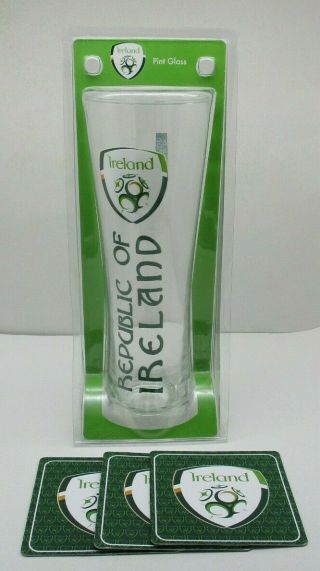 Republic Of Ireland Football Association Tall Pint Glass & 3 Coasters Beer Mats