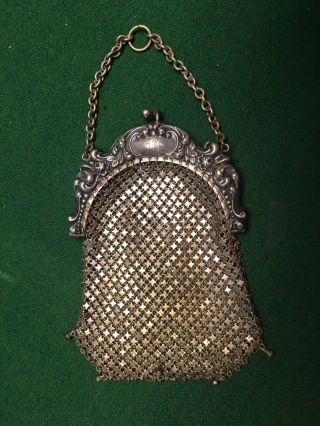 Antique Silver Womens Coin Or Card Purse With Mesh Bead Detail,  Late 1800s