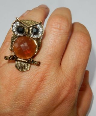 Vintage Large Owl Ring Gold Tone With Rhinestones Comfortable Flexible Ring Band