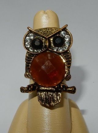 Vintage Large Owl Ring Gold tone with Rhinestones Comfortable Flexible Ring Band 2