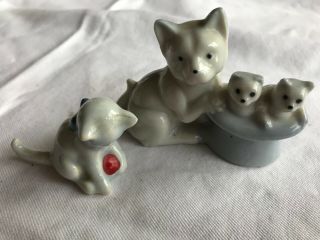 2 Vtg Miniature Cat Figurines Porcelain Kitten Bone China Japan W/ Ball 1950s