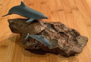 John Perry Dolphin Sculpture Mother & Calf Burl Wood Grey Porpoise Beach Art