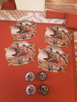 Robinsons Iron Maiden Trooper Set Of 4 Metal Hammer Beer Mats And 4 Pin Badges