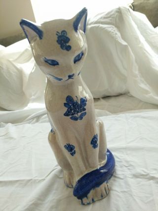 Lovely Chinoiserie Blue And White Large Flowered Ceramic Cat Statue