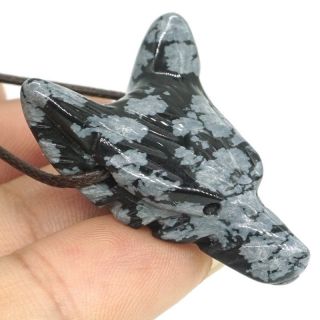 1.  4 " Howling Wolf Snowflake Obsidian Animal Pendant Hand Carved Necklace Jewelry