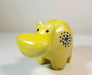 Hippopotamus Figurine Hand Made In Kenya Bright Yellow Carved Hippo Flowers Euc