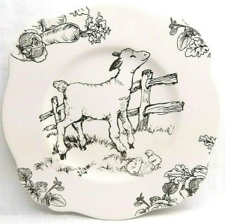 Barnyard Toile Porcelain Plate Lamb Sheep Country White & Black