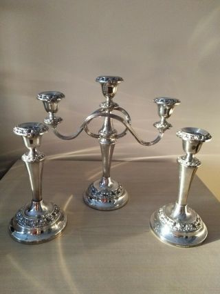 Set Of Antique Vintage Silver Plated 3 Candle Candelabra & 2 Candlesticks