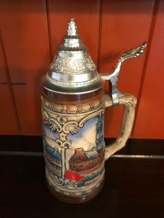 Ceramic German Style Beer Stein With Metal Lid.  Amsterdam Themed.  Appears