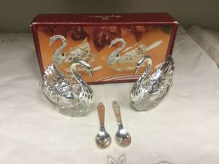 Vtg Swan Salt Cellars Crystal/ 925 Silver Plate Swan Salts W/ Spoons "