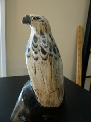 Hand Carved Horn Eagle Hawk Bird Sculpture Figurine Glass Eyes