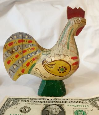 Vtg 6 " Tall Hand Carved & Painted Wood Rooster Chicken Figurine Danish? Folk Art