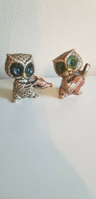 Set Of 2 Vintage Owl Figurine Playing Instruments