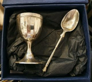 Antique French Solid Silver Egg Cup And Spoon Both Stamped With The Minerva Mark