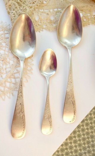 Victorian Set Of 3 Antique Sterling Silver Serving Spoons 2 Serving/ 1 Teaspoon