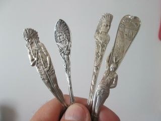 4 Antique Sterling - Souvenir Spoons W/ Indian Handles Misc Locations 3