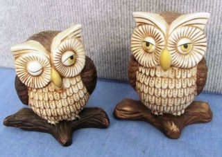 Two Vintage Bisque Ceramic Owl Figurines - One Is Winking