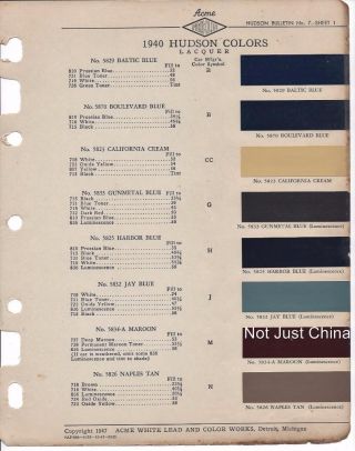 Vintage Hudson - 1940 Hudson - Acme Fleet - X Proxlin Color Bulletin Chart