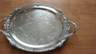 Vintage Large Oval Sheridan Silverplate Chased Footed Serving Tray with Handles 3