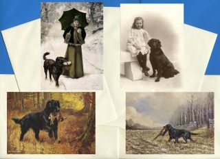 Flat Coated Retriever Pack Of 4 Vintage Style Dog Print Greetings Note Cards 4