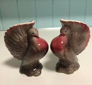 2 Royal Copley Pouter Pigeon Dove Love Birds Flower Vase Bookend Set