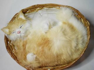 Vintage Plush Sleeping Cat Kitten With Real Rabbit Fur In Basket