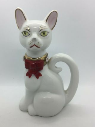 Porcelain Cat Figure Statue Marked China Gold Collar Red Bow Flowers 7 " 19f