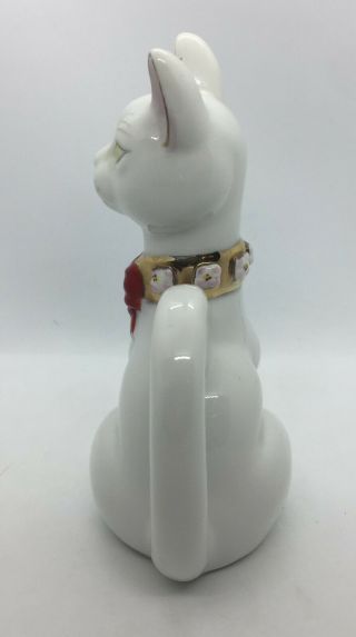 Porcelain Cat Figure Statue Marked China Gold Collar Red Bow Flowers 7 
