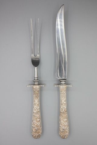 S.  Kirk & Son Floral Repousse Sterling Silver 2 - Pc Carving Set W/sterling Guard