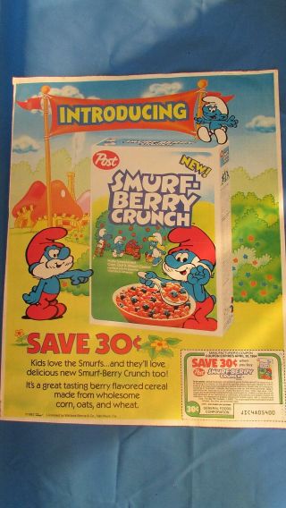 Vintage 1984 Post Smurf Berry Crunch Cereal Paper Advertisement Coupon