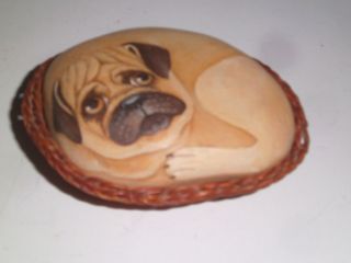 Signed Artist M.  Pollock 1994 Pug Dog Puppy Pet Rock Hand Painted Paper Weight