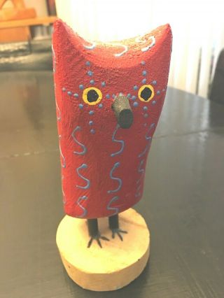 Hand - Crafted Red Wooden Owl Figurine