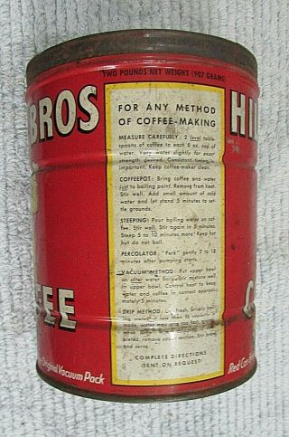 Vintage 1930 ' s Hills Brothers Coffee 2 lb Old 5x7 Tin Can San Francisco S/H 3