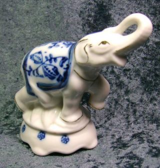 Asian Porcelain Elephant Blue White Trunk Up For Good Luck Tabletop Decor