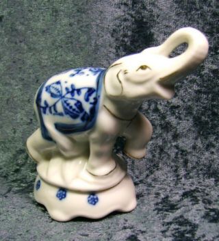 Asian Porcelain Elephant Blue White Trunk Up for Good Luck Tabletop Decor 2