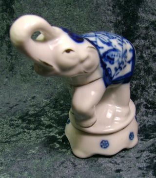 Asian Porcelain Elephant Blue White Trunk Up for Good Luck Tabletop Decor 4