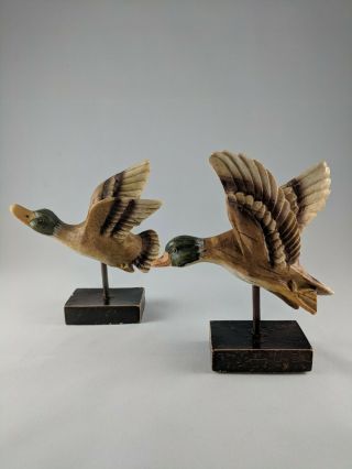 Pair 2 Vintage Wooden Mallard Duck Decoys In Flight On A Base