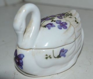 Vintage Swan Bird Porcelain Figure Flower Violets Trinket Box Box3