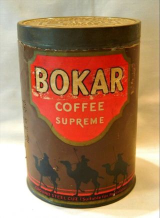Bokar Coffee Supreme Tin Paper Label Camels American Coffee Corp Embossed Lid