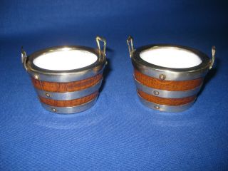Two Vintage Nolvety Bucket Kitchenware Silver Plated Oak Wood Salt / Spice Pot