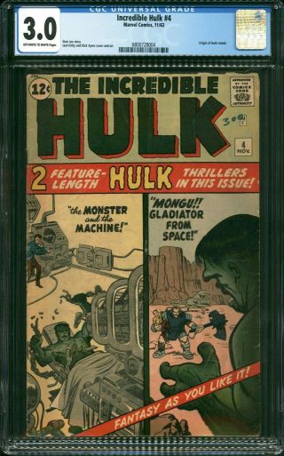 Incredible Hulk 4 Cgc 3.  0 G/vg Origin Retold.  (marvel 1962)