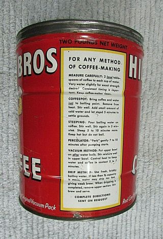 Vintage 1940 ' s Hills Brothers Coffee 2 lb Old 5x7 Tin Can San Francisco S/H 3