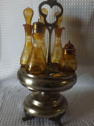 K) Rare Victorian Cruet Castor Condiment Set Amber Etched Glass