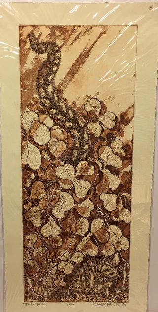 Cat Flowers Zinc Plate Etching Numbered Litho Sepia Toned Carol M Hershey