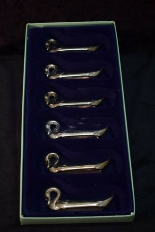 Vintage Silver Plate Swan Knife Rests W/ Blue Velvet - Lined Box Set Of 6