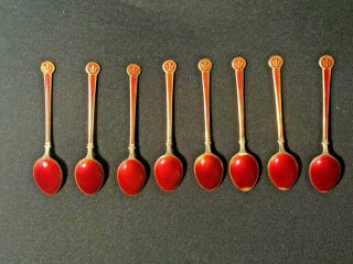 Spoon Set Vintage David Andersen Sterling Red Enamel Guilloche Demitasse Norway 3