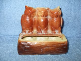 Vintage “fredricksburg Art Pottery” Three Owls On A Log Planter